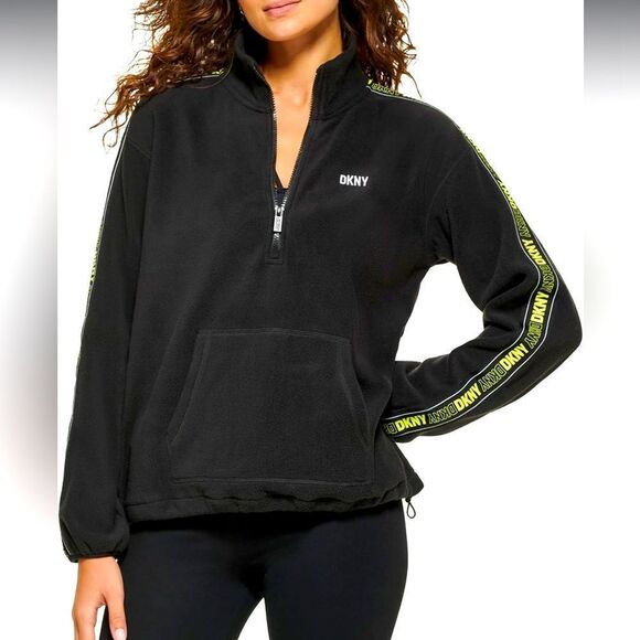 DKNY Black logo tape fleece pullover Sweatshirt with Neon Accents - Picture 1 of 10